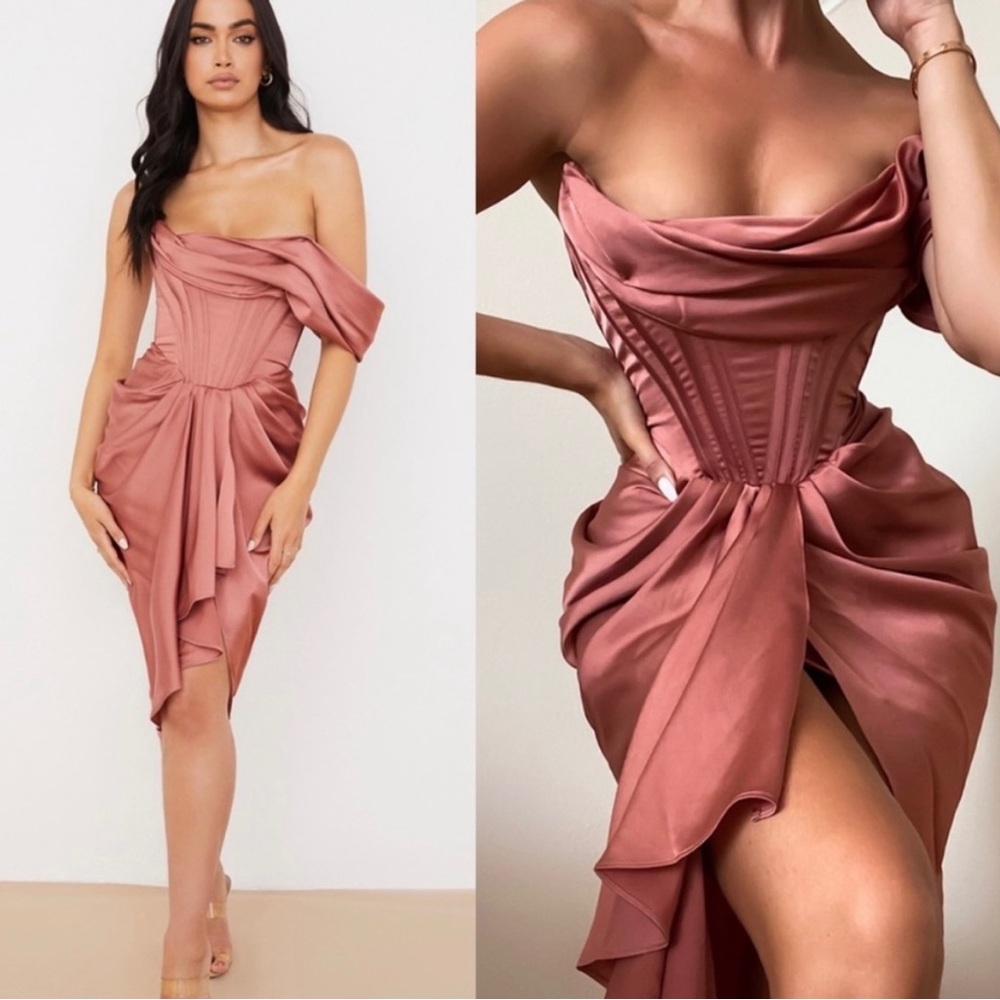 House of CB Janis Rouge Satin One Shoulder Draped Midi Dress - Picture 1 of 9